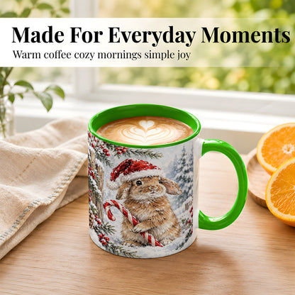 #pl[11oz|Green] Winter Bunny Coffee Mug, Candy Cane Rabbit Mug, Ceramic Cup