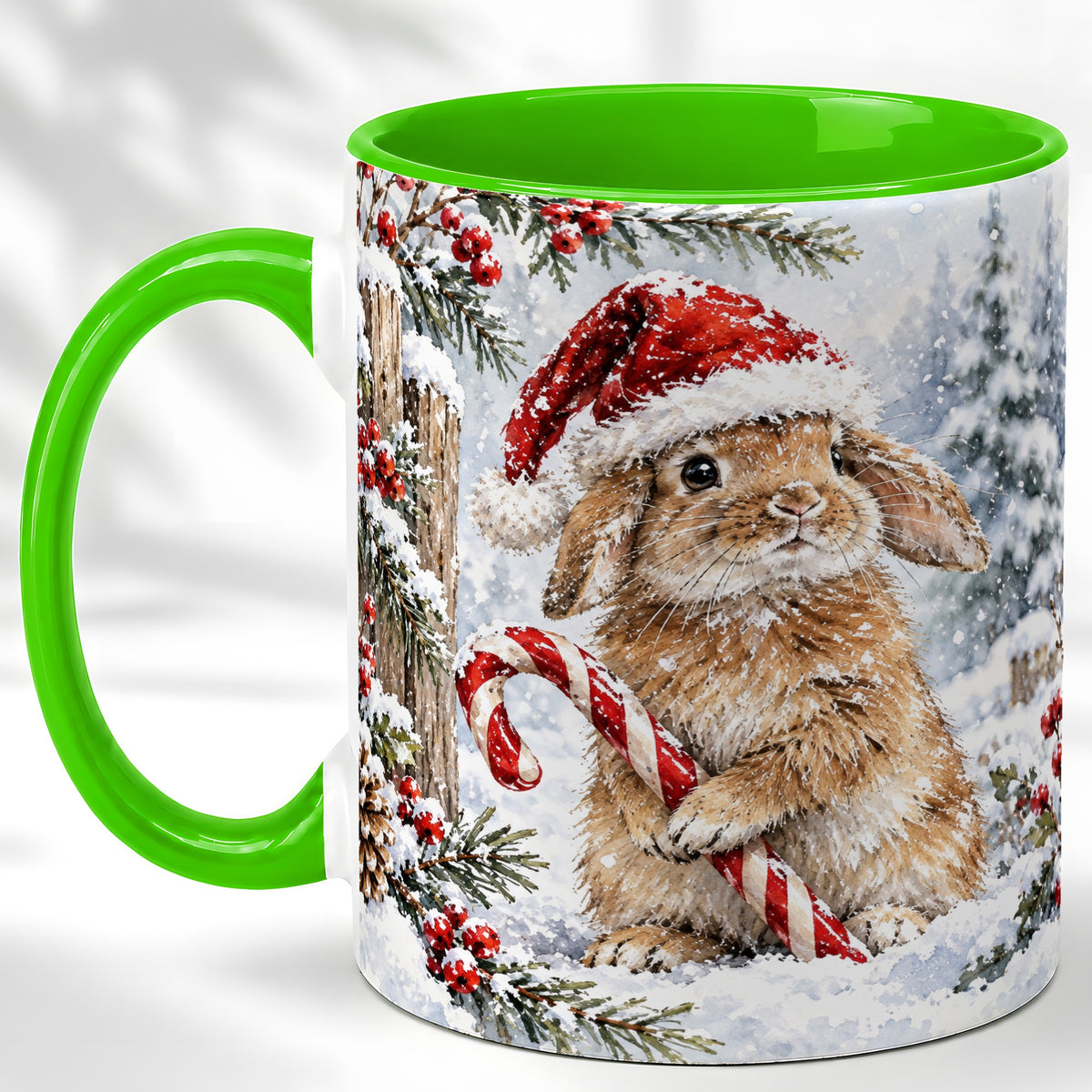 #pl[11oz|Green] Winter Bunny Coffee Mug, Candy Cane Rabbit Mug, Ceramic Cup