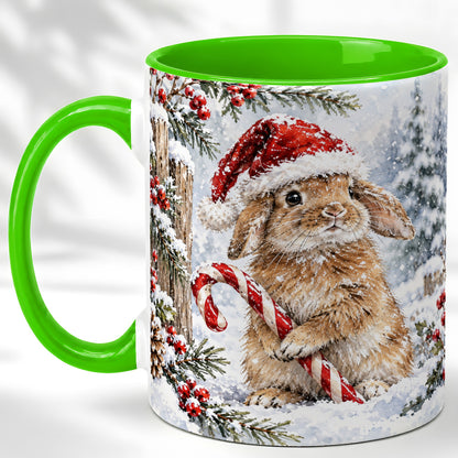 #pl[11oz|Green] Winter Bunny Coffee Mug, Candy Cane Rabbit Mug, Ceramic Cup
