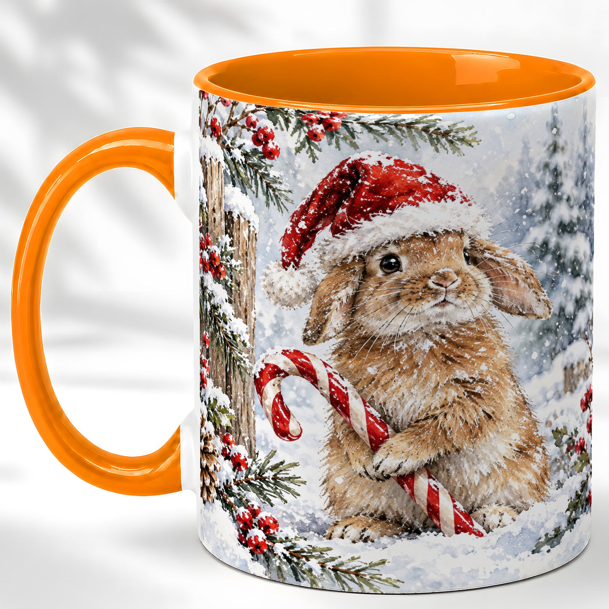 #pl[11oz|Orange] Winter Bunny Coffee Mug, Candy Cane Rabbit Mug, Ceramic Cup