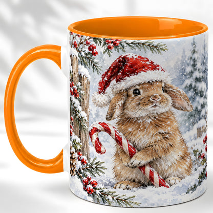 #pl[11oz|Orange] Winter Bunny Coffee Mug, Candy Cane Rabbit Mug, Ceramic Cup