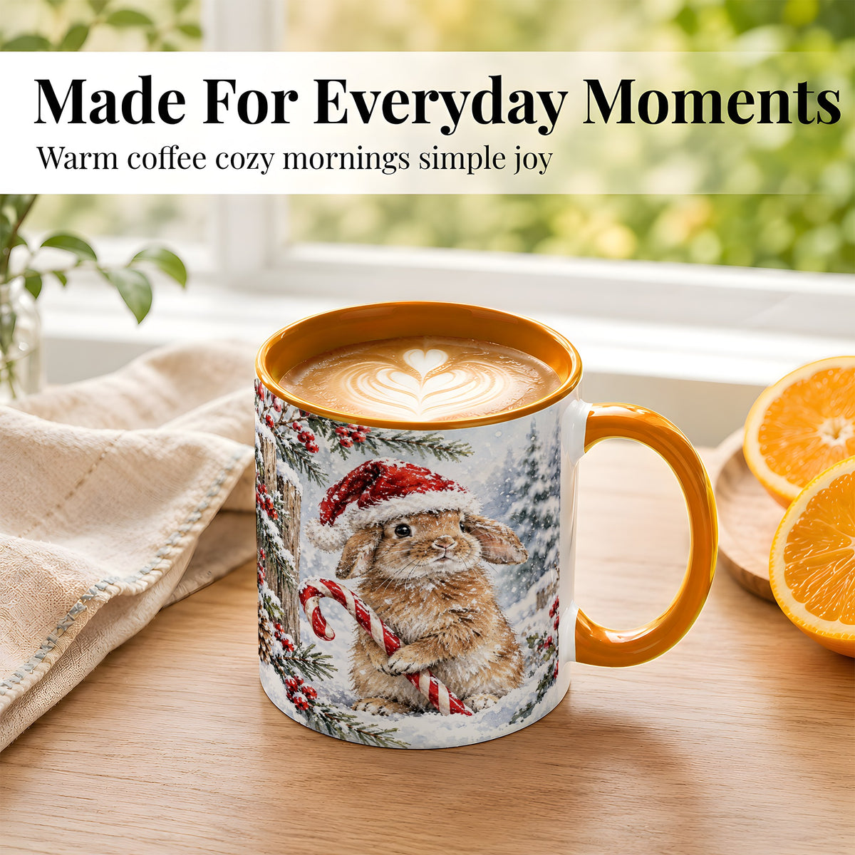 #pl[11oz|Orange] Winter Bunny Coffee Mug, Candy Cane Rabbit Mug, Ceramic Cup