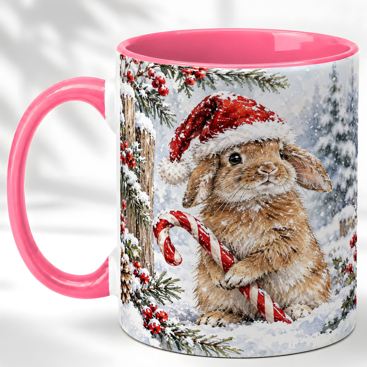 #pl[11oz|Pink] Winter Bunny Coffee Mug, Candy Cane Rabbit Mug, Ceramic Cup