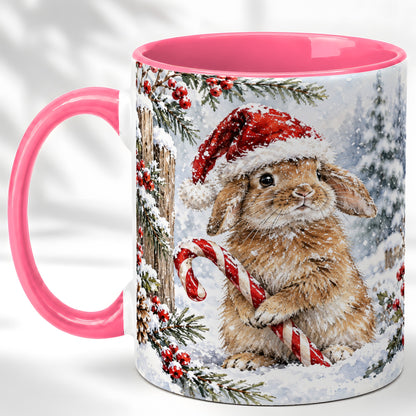 #pl[11oz|Pink] Winter Bunny Coffee Mug, Candy Cane Rabbit Mug, Ceramic Cup