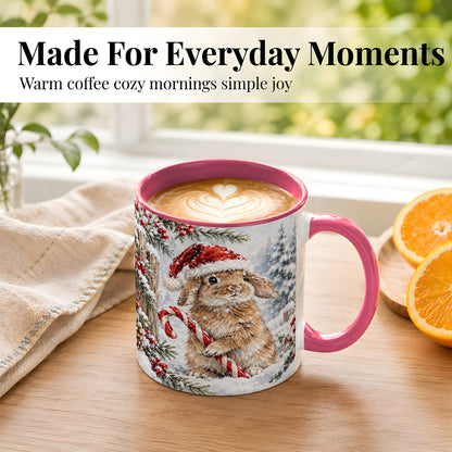 #pl[11oz|Pink] Winter Bunny Coffee Mug, Candy Cane Rabbit Mug, Ceramic Cup