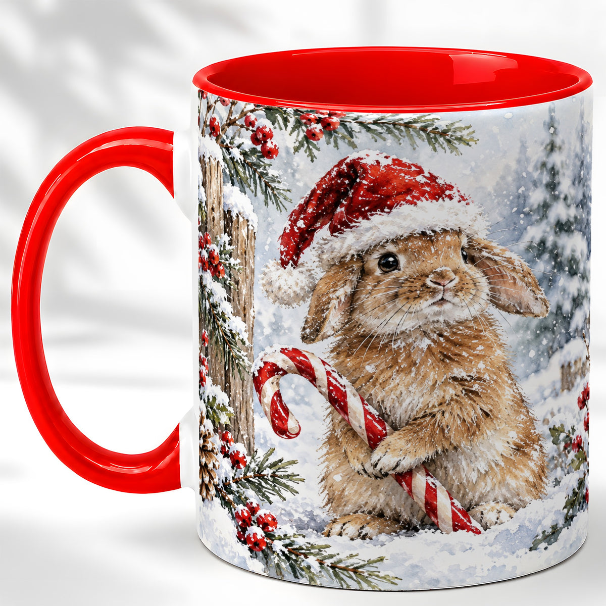 Winter Bunny Coffee Mug, Candy Cane Rabbit Mug, Ceramic Cup
