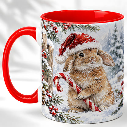 Winter Bunny Coffee Mug, Candy Cane Rabbit Mug, Ceramic Cup