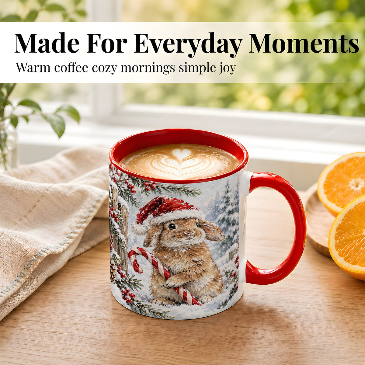 #pl[11oz|Red] Winter Bunny Coffee Mug, Candy Cane Rabbit Mug, Ceramic Cup