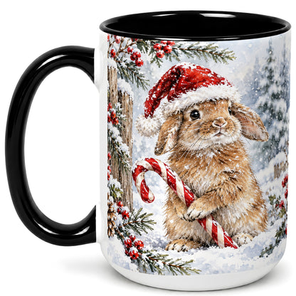 #pl[15oz|Black] Winter Bunny Coffee Mug, Candy Cane Rabbit Mug, Ceramic Cup