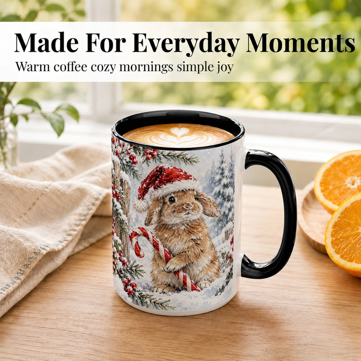 #pl[15oz|Black] Winter Bunny Coffee Mug, Candy Cane Rabbit Mug, Ceramic Cup