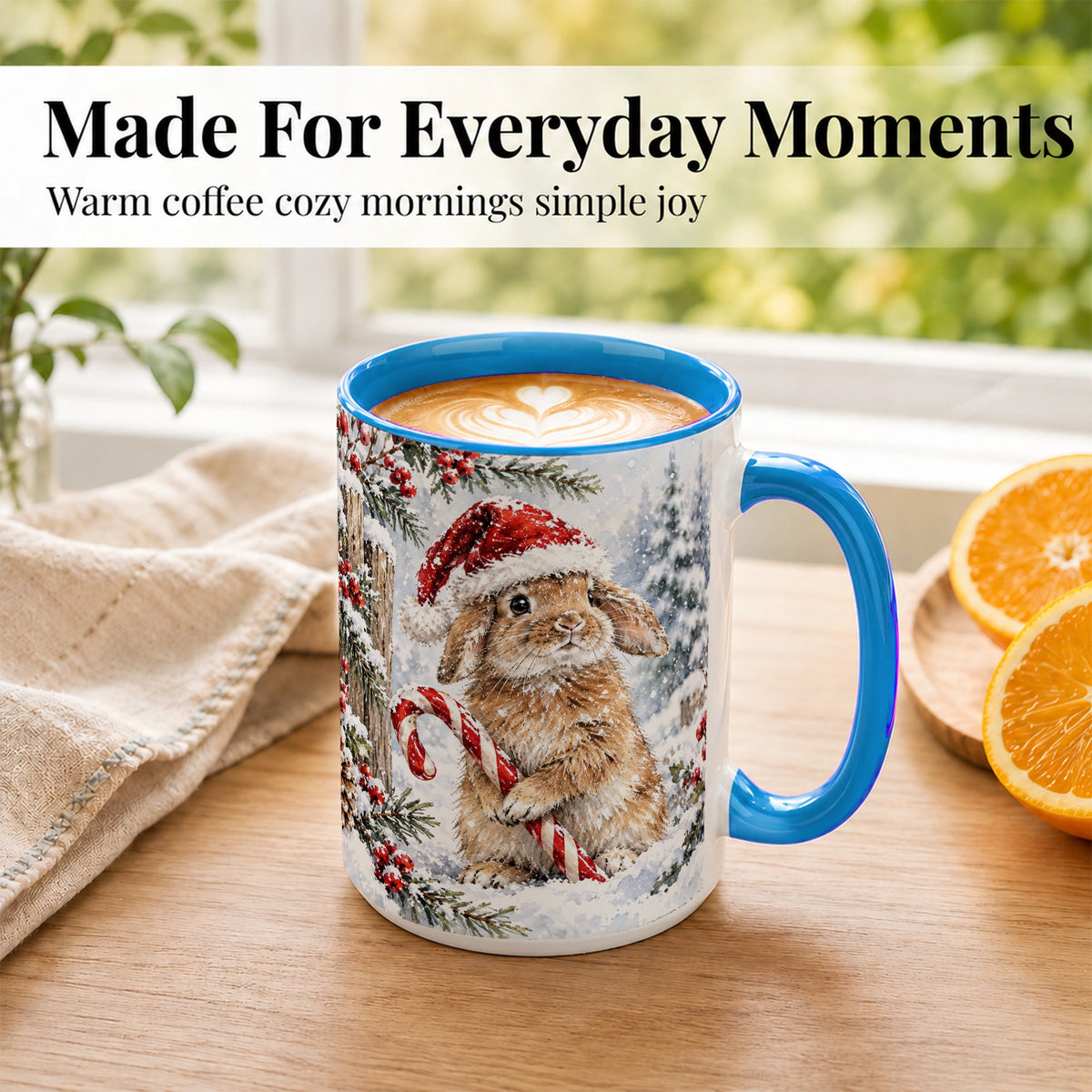 #pl[15oz|Blue] Winter Bunny Coffee Mug, Candy Cane Rabbit Mug, Ceramic Cup