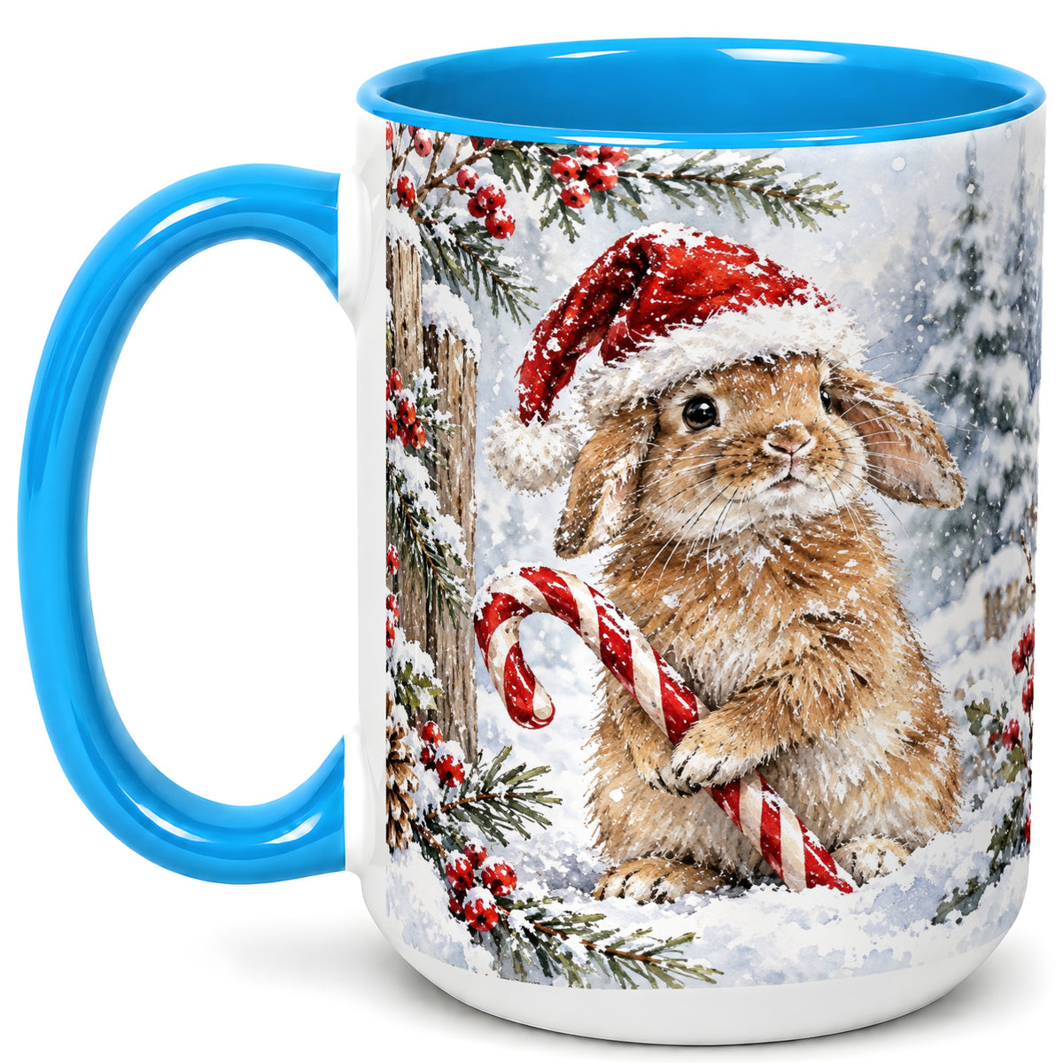 #pl[15oz|Blue] Winter Bunny Coffee Mug, Candy Cane Rabbit Mug, Ceramic Cup