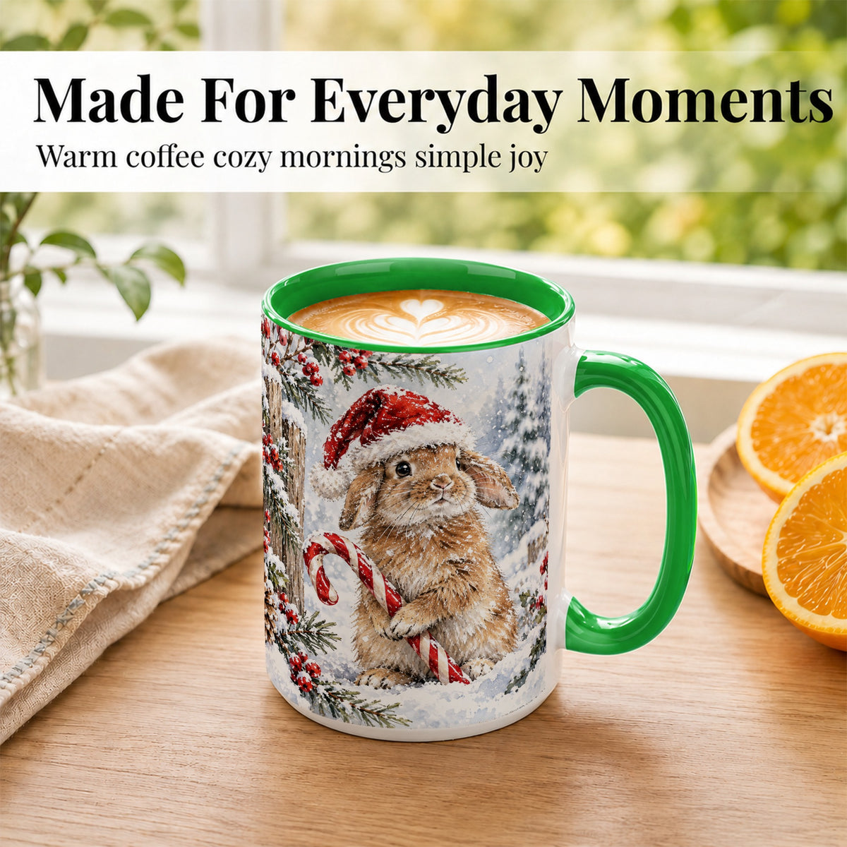 #pl[15oz|Green] Winter Bunny Coffee Mug, Candy Cane Rabbit Mug, Ceramic Cup