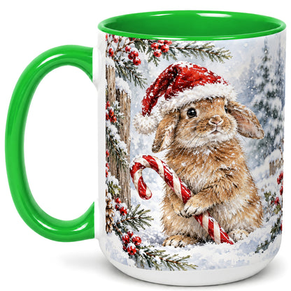 #pl[15oz|Green] Winter Bunny Coffee Mug, Candy Cane Rabbit Mug, Ceramic Cup