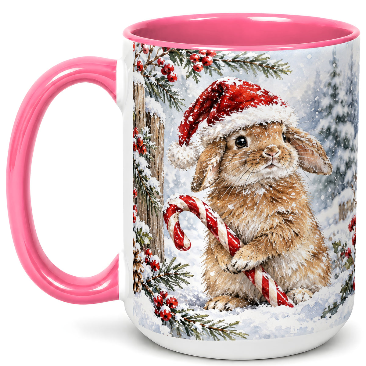 #pl[15oz|Pink] Winter Bunny Coffee Mug, Candy Cane Rabbit Mug, Ceramic Cup