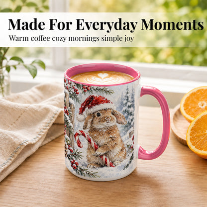 #pl[15oz|Pink] Winter Bunny Coffee Mug, Candy Cane Rabbit Mug, Ceramic Cup