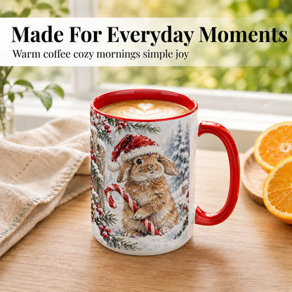 #pl[15oz|Red] Winter Bunny Coffee Mug, Candy Cane Rabbit Mug, Ceramic Cup