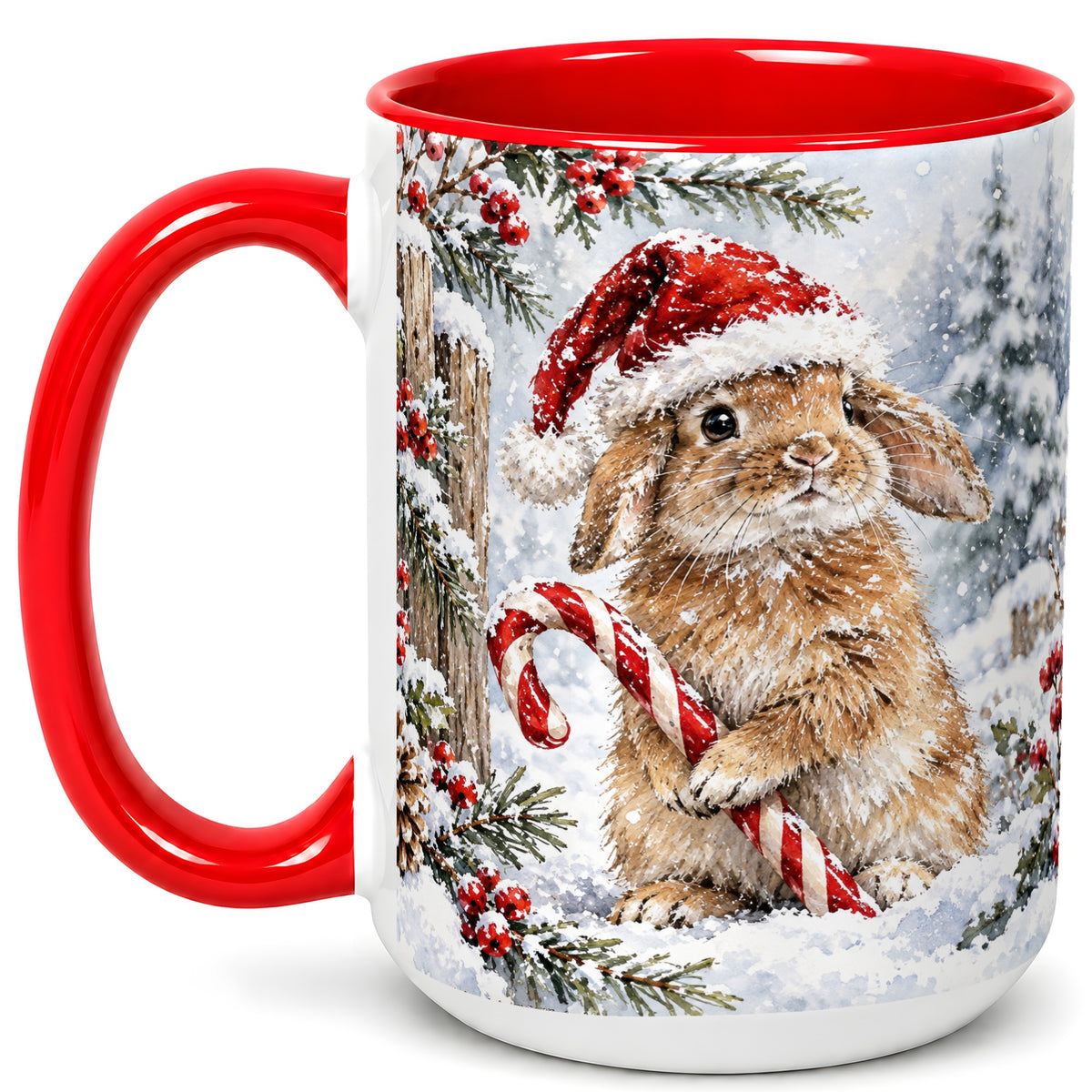 #pl[15oz|Red] Winter Bunny Coffee Mug, Candy Cane Rabbit Mug, Ceramic Cup