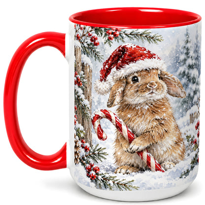 #pl[15oz|Red] Winter Bunny Coffee Mug, Candy Cane Rabbit Mug, Ceramic Cup