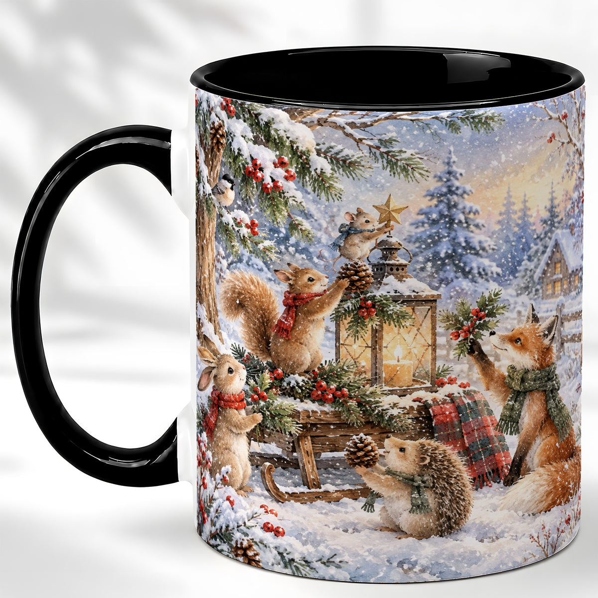 #pl[11oz|Black] Woodland Christmas Coffee Mug, Winter Animals Mug, Ceramic Cup