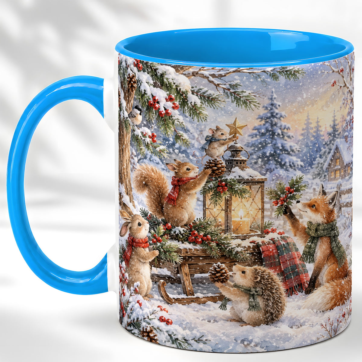 #pl[11oz|Blue] Woodland Christmas Coffee Mug, Winter Animals Mug, Ceramic Cup