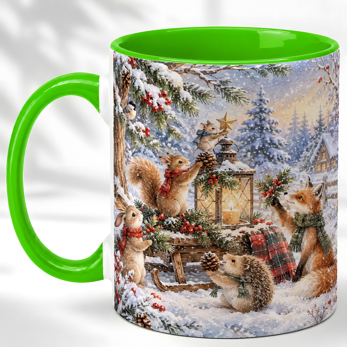 #pl[11oz|Green] Woodland Christmas Coffee Mug, Winter Animals Mug, Ceramic Cup