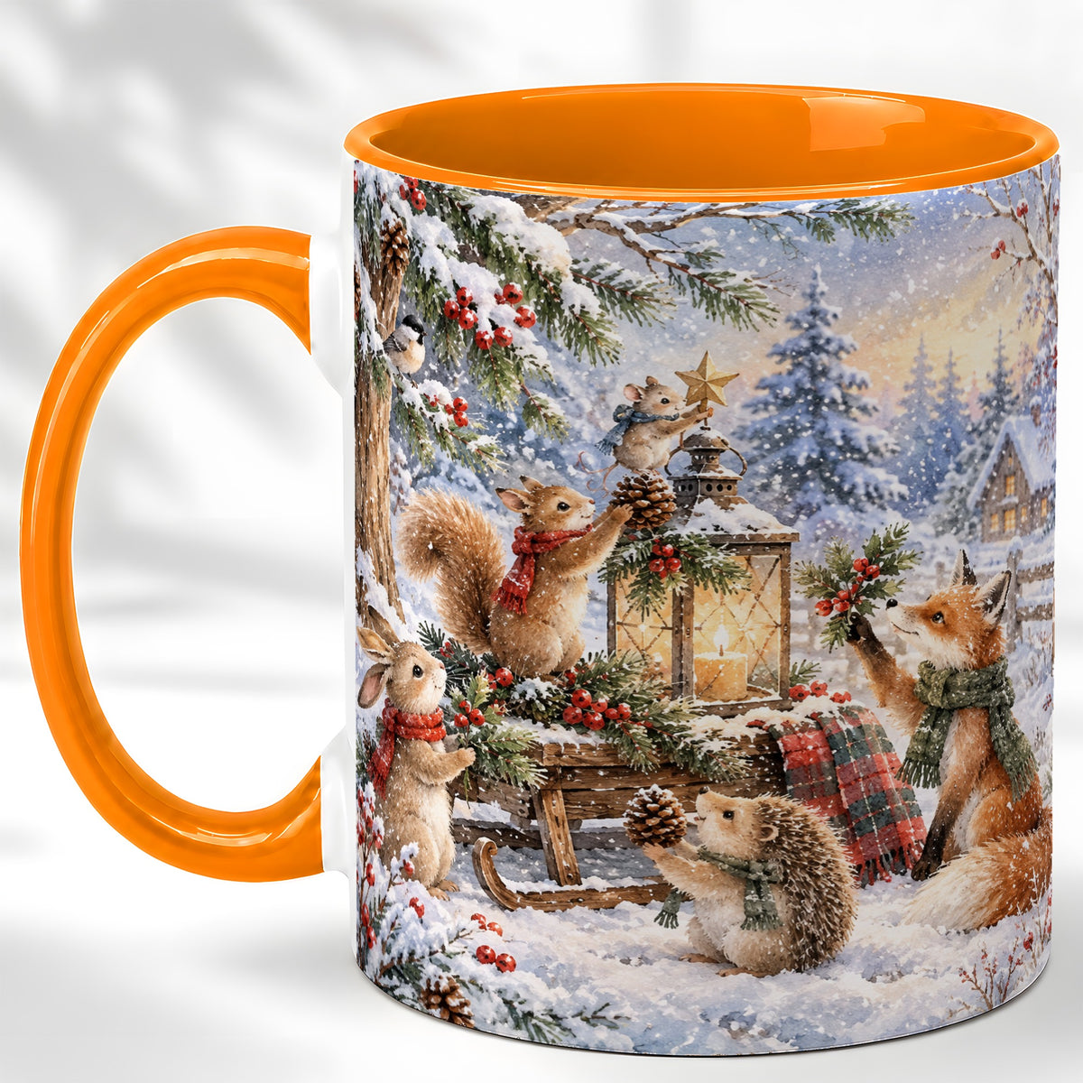 #pl[11oz|Orange] Woodland Christmas Coffee Mug, Winter Animals Mug, Ceramic Cup