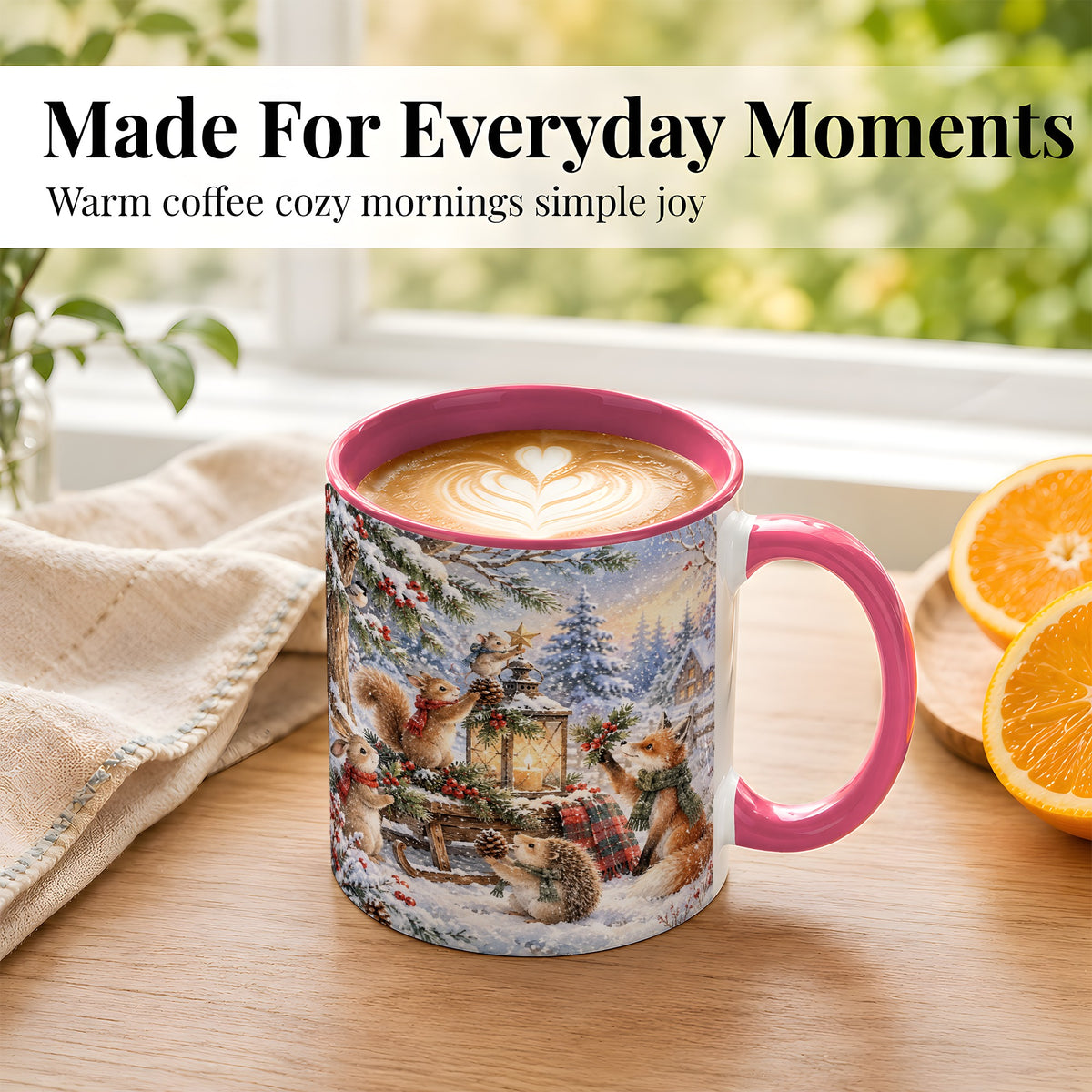 #pl[11oz|Pink] Woodland Christmas Coffee Mug, Winter Animals Mug, Ceramic Cup