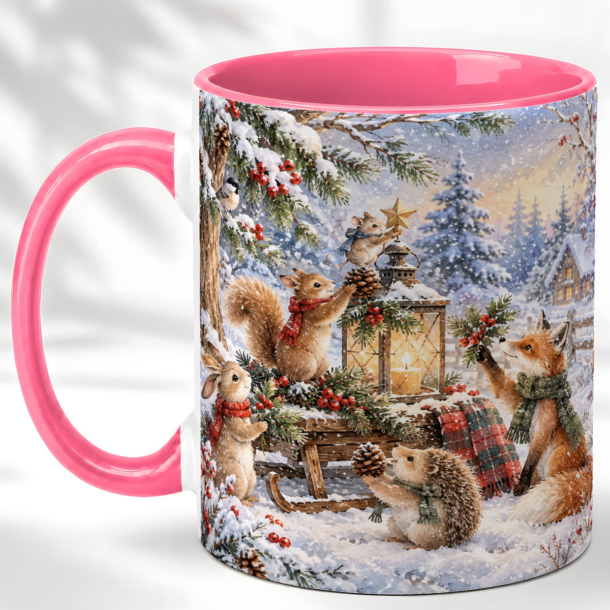 #pl[11oz|Pink] Woodland Christmas Coffee Mug, Winter Animals Mug, Ceramic Cup