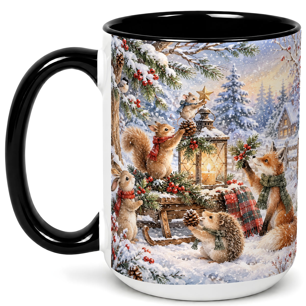 #pl[15oz|Black] Woodland Christmas Coffee Mug, Winter Animals Mug, Ceramic Cup