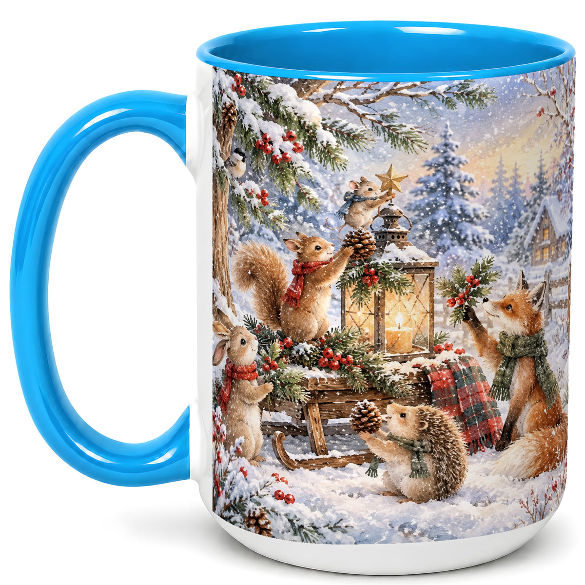 #pl[15oz|Blue] Woodland Christmas Coffee Mug, Winter Animals Mug, Ceramic Cup