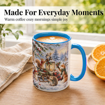 #pl[15oz|Blue] Woodland Christmas Coffee Mug, Winter Animals Mug, Ceramic Cup