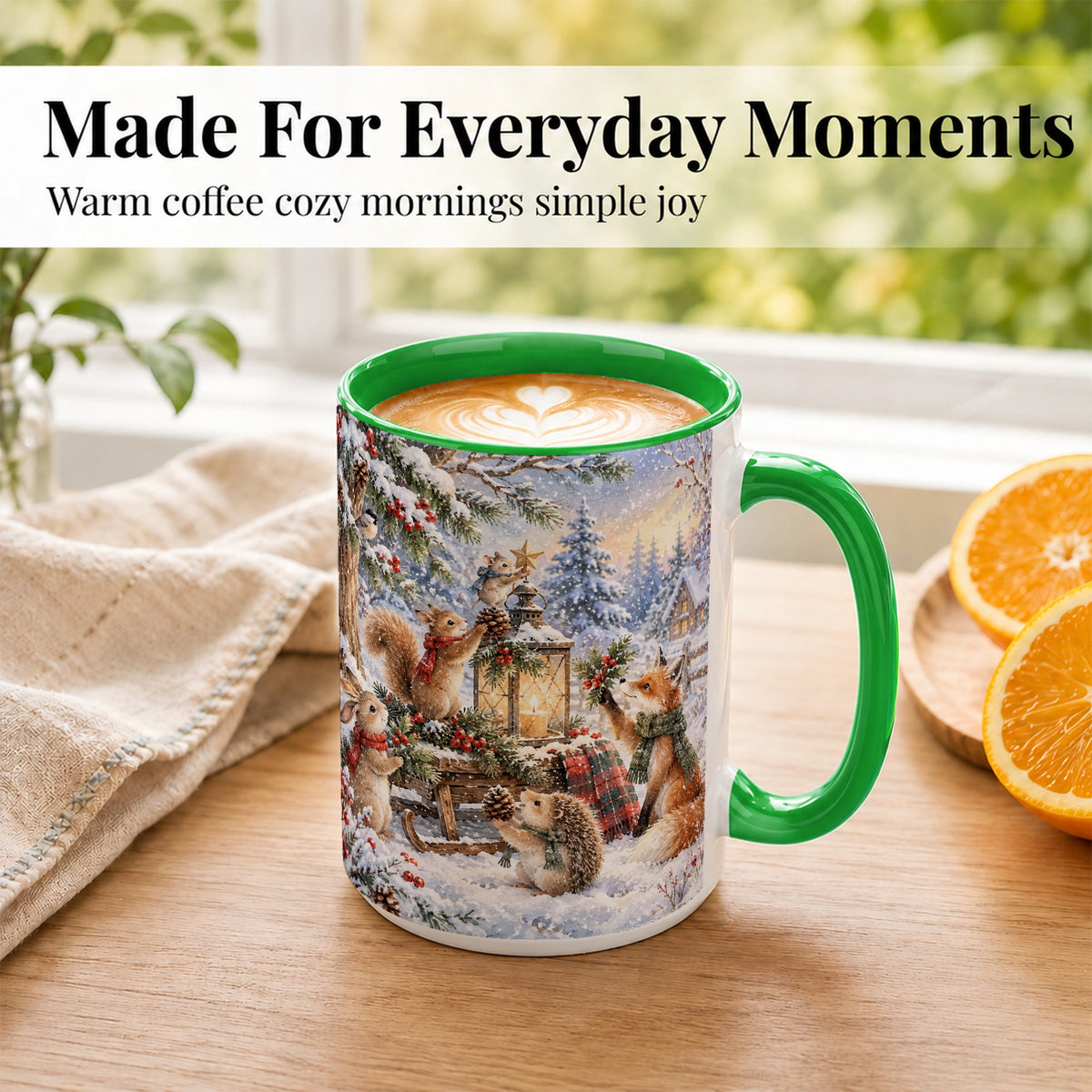 #pl[15oz|Green] Woodland Christmas Coffee Mug, Winter Animals Mug, Ceramic Cup