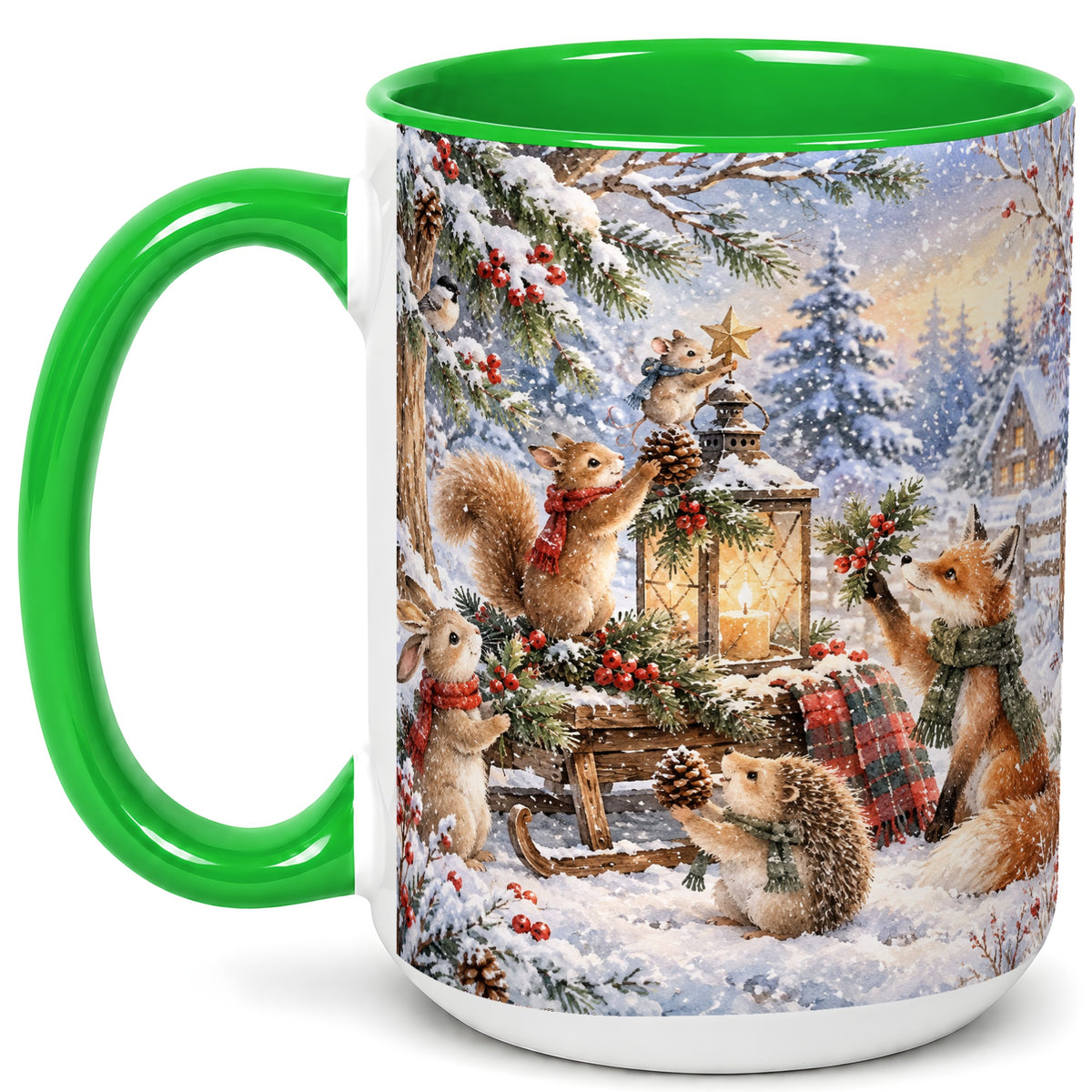 #pl[15oz|Green] Woodland Christmas Coffee Mug, Winter Animals Mug, Ceramic Cup
