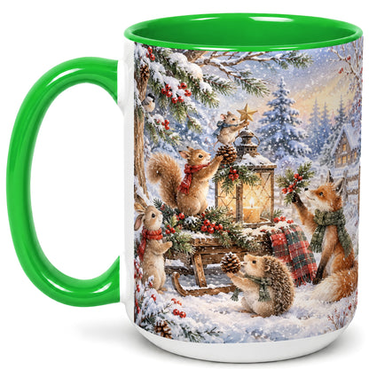 #pl[15oz|Green] Woodland Christmas Coffee Mug, Winter Animals Mug, Ceramic Cup
