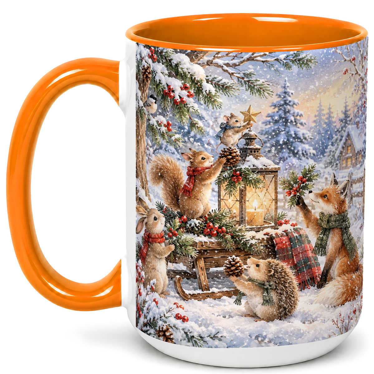 #pl[15oz|Orange] Woodland Christmas Coffee Mug, Winter Animals Mug, Ceramic Cup