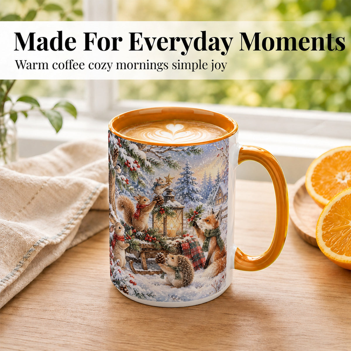 #pl[15oz|Orange] Woodland Christmas Coffee Mug, Winter Animals Mug, Ceramic Cup