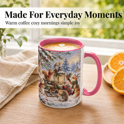 #pl[15oz|Pink] Woodland Christmas Coffee Mug, Winter Animals Mug, Ceramic Cup