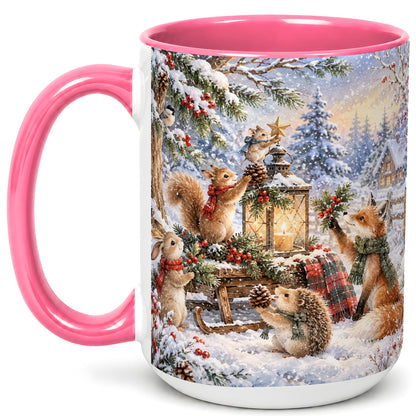 #pl[15oz|Pink] Woodland Christmas Coffee Mug, Winter Animals Mug, Ceramic Cup