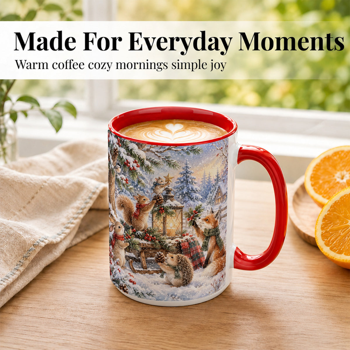 #pl[15oz|Red] Woodland Christmas Coffee Mug, Winter Animals Mug, Ceramic Cup