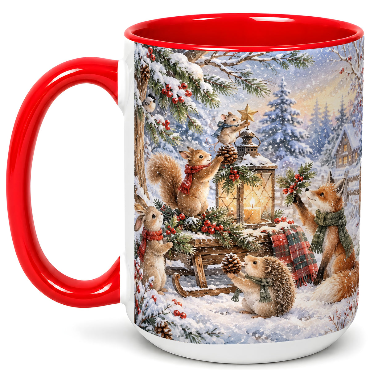 #pl[15oz|Red] Woodland Christmas Coffee Mug, Winter Animals Mug, Ceramic Cup