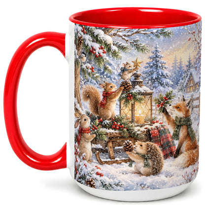 #pl[15oz|Red] Woodland Christmas Coffee Mug, Winter Animals Mug, Ceramic Cup