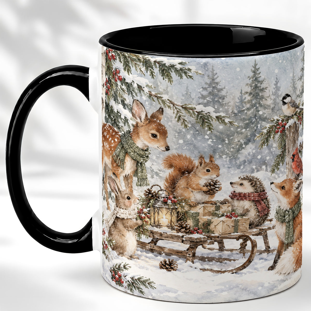 #pl[11oz|Black] Woodland Winter Coffee Mug, Forest Animals Mug, Ceramic Cup