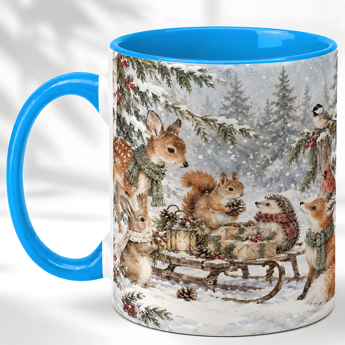 #pl[11oz|Blue] Woodland Winter Coffee Mug, Forest Animals Mug, Ceramic Cup