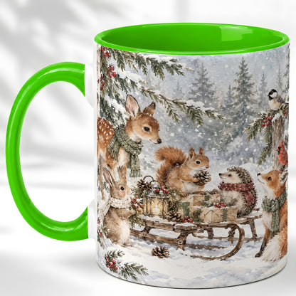 #pl[11oz|Green] Woodland Winter Coffee Mug, Forest Animals Mug, Ceramic Cup