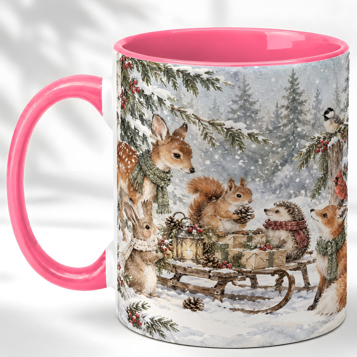 #pl[11oz|Pink] Woodland Winter Coffee Mug, Forest Animals Mug, Ceramic Cup