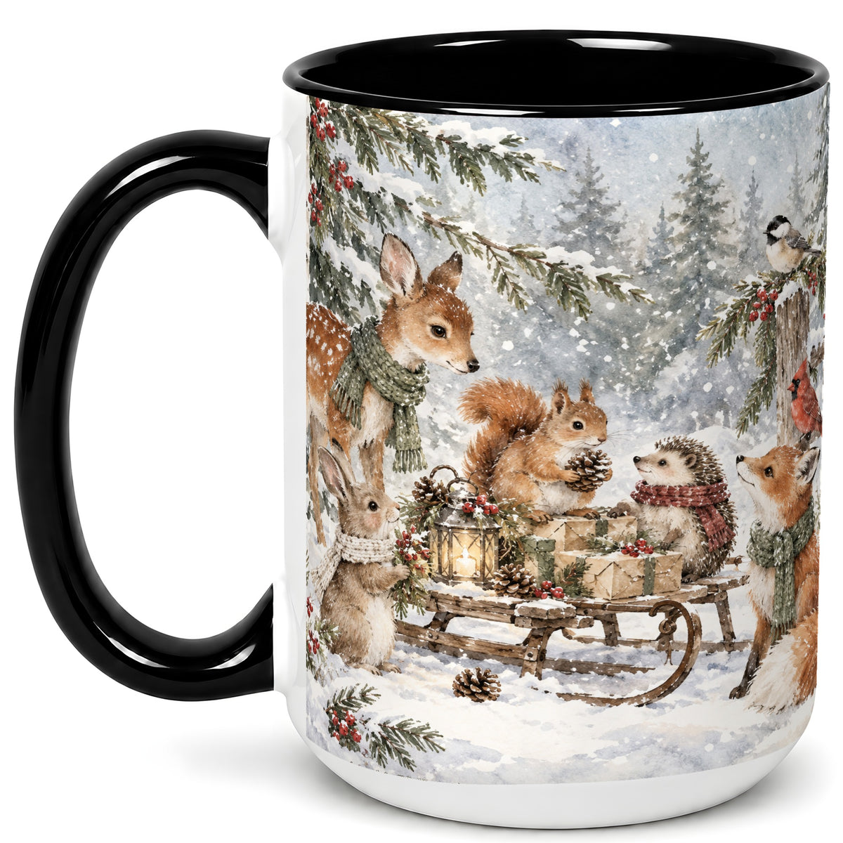 #pl[15oz|Black] Woodland Winter Coffee Mug, Forest Animals Mug, Ceramic Cup