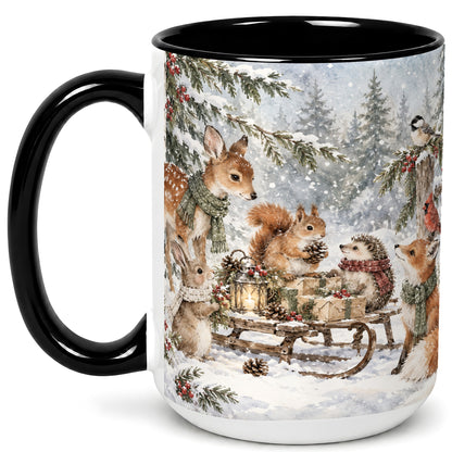 #pl[15oz|Black] Woodland Winter Coffee Mug, Forest Animals Mug, Ceramic Cup