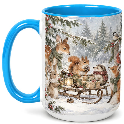 #pl[15oz|Blue] Woodland Winter Coffee Mug, Forest Animals Mug, Ceramic Cup