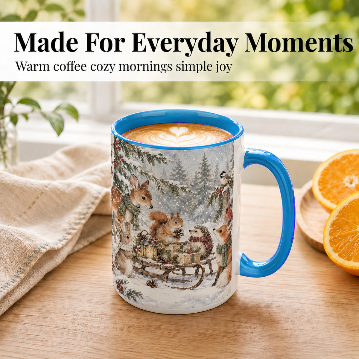 #pl[15oz|Blue] Woodland Winter Coffee Mug, Forest Animals Mug, Ceramic Cup